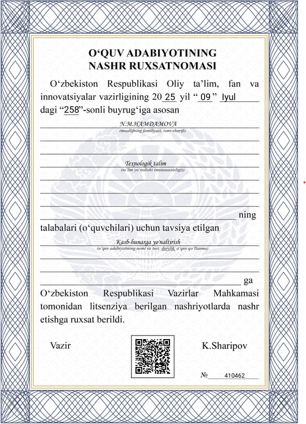 O'quv adabiyotining nashr ruxsatnomasi olindi